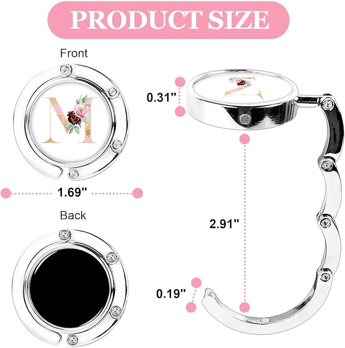 XSUIOY 3Pcs Personalized Initial Foldable Purse Hook for Table,Crushed Flower Letters Folding Purse Hanger,Purse Holder Handbag Hanger Collection Desk Table Bag Hooks Gifts for Women Bag(Pink-M)