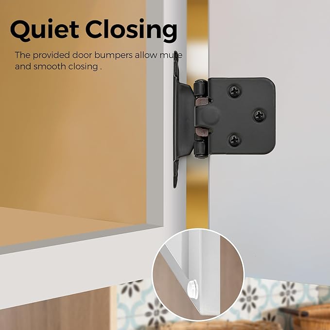 10 Pack 5 Pair Black Cabinet Hinges - 1/2 inch Overlay Kitchen Cabinet Hinges, Semi-Concealed Hinges, Self Closing Cabinet Door Hinges with Door Bumper, Black Face Mount Cabinet Hardware