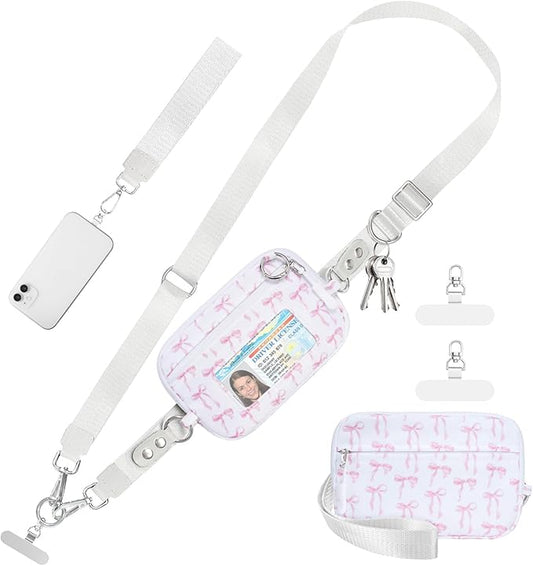 Clip and Go Strap for Phone with Wallet Crossbody Phone Lanyard and Detachable Checkered Bag with ID Window and RFID Pouch for Daily Travel. Bow
