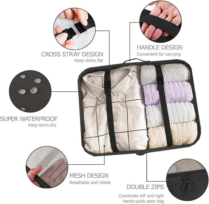 6 Set Packing Cubes for Travel, Luggage Organizers with Shoe & Toiletry Bags, Lightweight Suitcase Organizer for Carry-On, Washable Laundry Bags(Black)