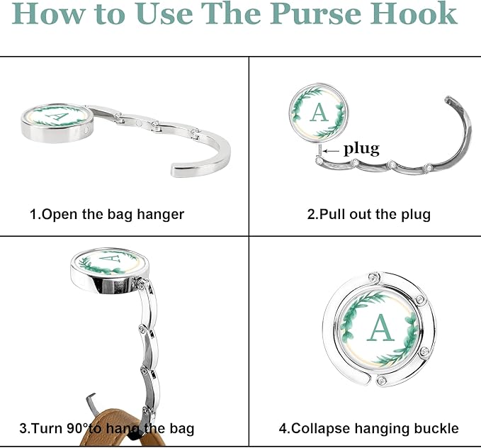 XSUIOY 3Pcs Personalized Initial Foldable Purse Hook for Table,Crushed Flower Letters Folding Purse Hanger,Purse Holder Handbag Hanger Collection Desk Table Bag Hooks Gifts for Women Bag(Green-M)