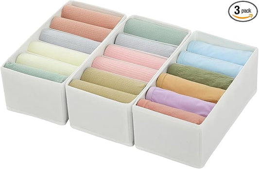 Qozary 3 Pack Sock Underwear Drawer Organizer Dividers, Non-Woven Fabric Collapsible Cabinet Closet Storage Boxes for Clothes, Socks, Lingerie, Underwear, Tie, Belt, Baby, Bedroom (White, 6 Cells)