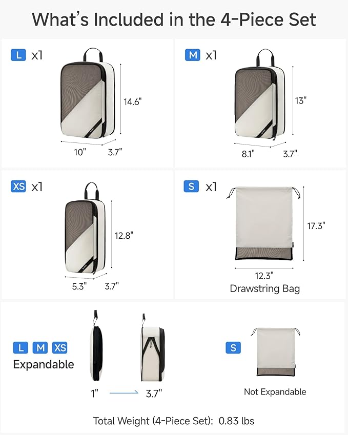 LUGGEX 4 Set Compression Packing Cubes for Travel, POX01 Luggage Organizers Bags, Suitcase Organizer with Shoe Bag Travel Accessories Essentials for Carry on & Checked (POX-Core, Beige)