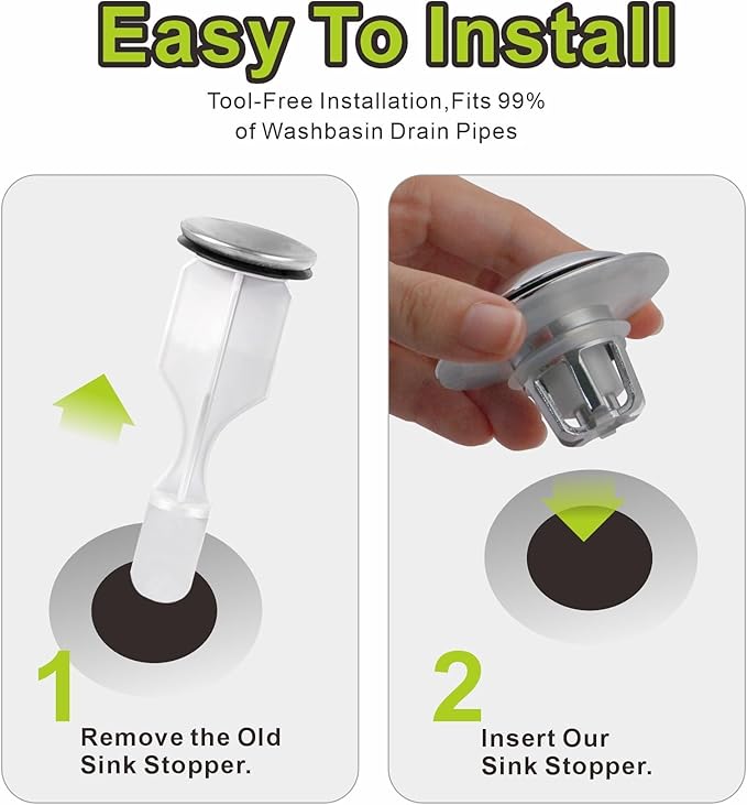 Chrome Bathroom Sink Drain Stopper,Pop Up Sink Drain Stopper Universal 2-in-1 Design with Hair Catcher, Glimflorus Bathroom Sink Stopper and Anti-Clog Strainer for 1 1/8"-1 1/2" Drain Holes