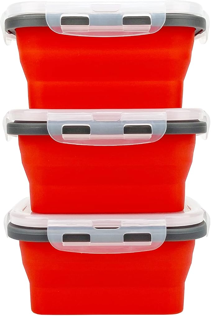 CCyanzi 3-Piece Collapsible Food Storage Containers with Lids, Silicone Lunch Container, Microwave & Freezer Safe, Space Saving for Kitchen Cabinet and Camping Backpack (Red Gray)