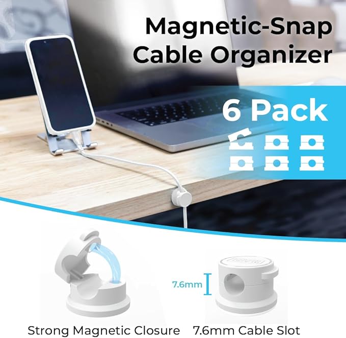 BLACK+DECKER Magnetic Cord Organizer Holder, 6 Pack Magnetic Cable Clips, Under Desk Cable Management, Strong Adhesive Cord Holder for Nightstand Kitchen Appliances Car Wall Office (White)