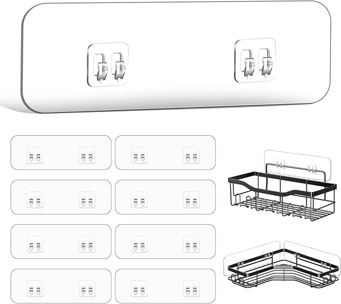 HAOBAOBEI 9-Pack Shower Caddy Adhesive Replacement, Transparent Adhesive Hooks Stickers, Strong Hook Strip for Shower Caddy Basket Shelf, Soap Holder, Bathroom Storage Corner Shelves, Kitchen Racks