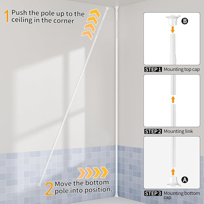 360° Rotating Shower Caddy Tension Pole, 4 Tiers Corner Shower Organizer for Bathroom Shelf Bathtub, Adjustable Standing Shower Rack Bathroom Accessories, Easily Assemble, 34-124 Inch Height, White