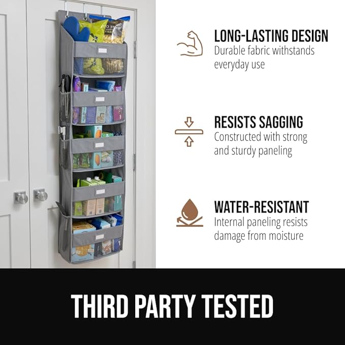 GORILLA GRIP Large Capacity Closet Organizer, 5 Deep Shelves, Holds 50lbs, Over The Door Organizers 6 Mesh Pockets, Shelf Storage for Clothes Crafts Dorm Essentials, 3 Metal Hooks, 58x15 Inches, Gray
