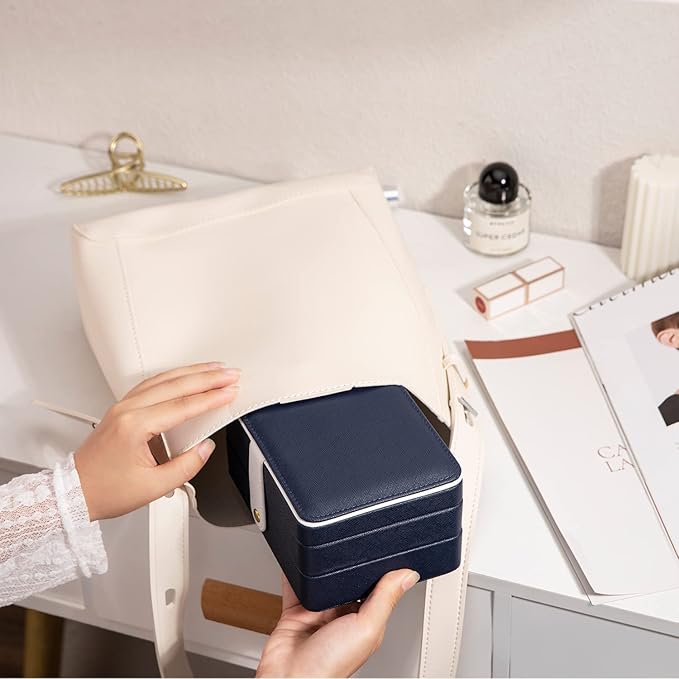 PU Leather Travel Jewelry Organizer Case for Women & Girls, 2-Layer Portable Jewelry Box for Earrings, Rings, Necklaces, Bracelets, Compact Jewelry Storage (Blue, Small)