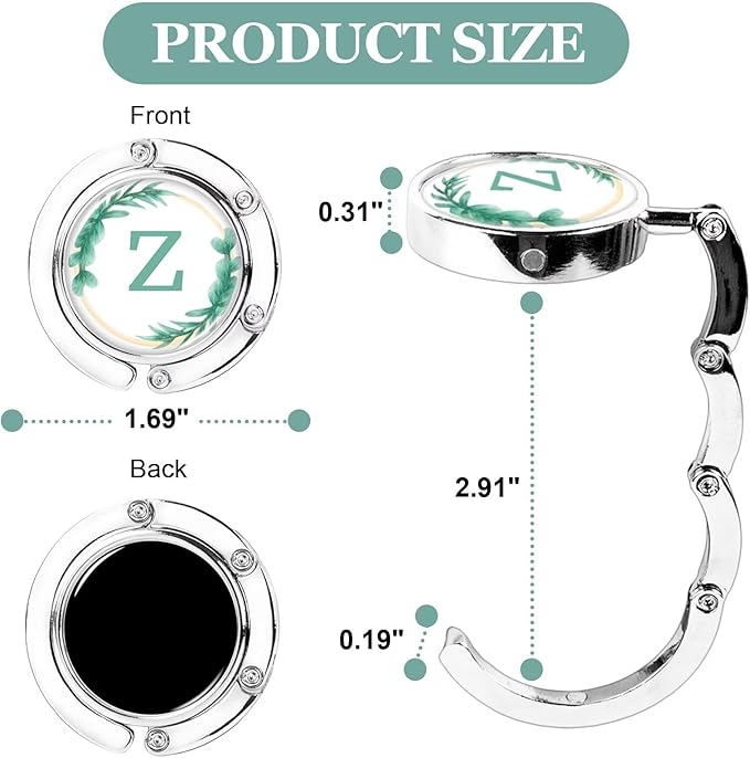 XSUIOY 3Pcs Personalized Initial Foldable Purse Hook for Table,Crushed Flower Letters Folding Purse Hanger,Purse Holder Handbag Hanger Collection Desk Table Bag Hooks Gifts for Women Bag(Green-Z)