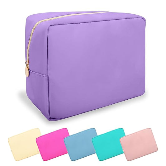 Large Makeup Bag Pouch, Nylon Women Travel Toiletry Storage Bag, Preppy Cosmetic Bag for Girls, Big Makeup Organizer Bag, Cute Zipper Pouch Skincare Bag for Sport Work Gift (Large-Purple)