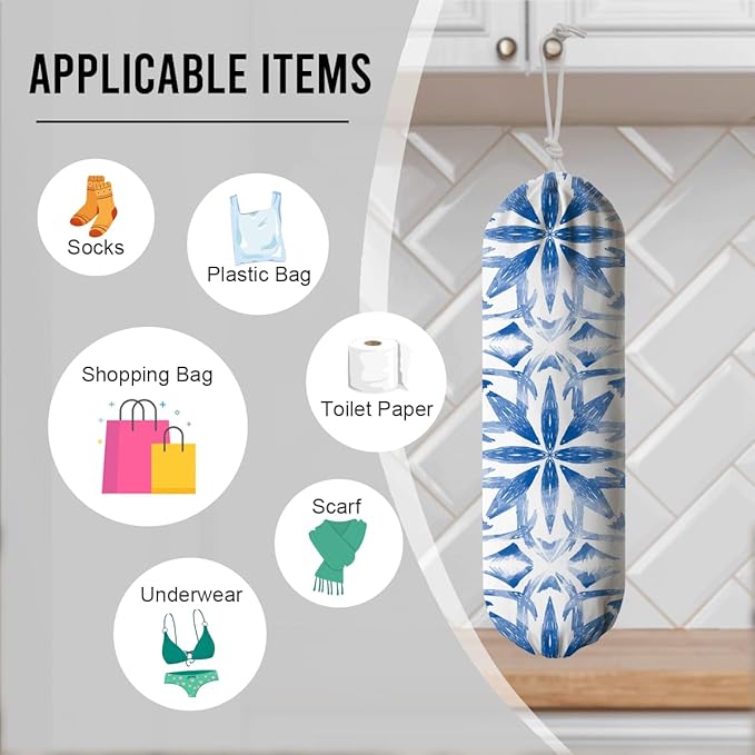Navy Blue Plastic Bag Holder, Reusable Grocery Bags Holder, Wall Mount Trash Bags Dispenser for Home Kitchen Cabinet, Pantry Organization, Kitchen Pattern Garbage Bag 66