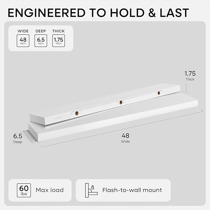 Homeforia White Floating Shelf 48 inches, High-End Solid Real Wood 48-inch Long Floating Shelves for Wall Mounting, White Wooden 48-inch Floating Shelves, Heavy Duty Bracket, 48 X 6.5 X 1.75 inches, Set of 2