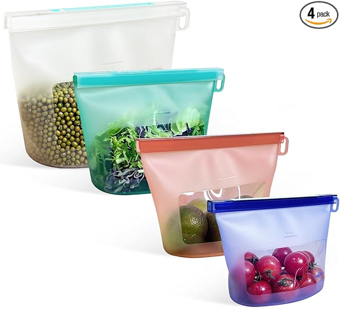 Reusable Silicone Food Storage Bags (Set of 4), Dishwasher Oven Microwave Freezer Safe, Eco-Friendly Leakproof Sous Vide Bags, Premium Lunch Containers, 1 Snack 2 Sandwich 1 Half Gallon, Mixed