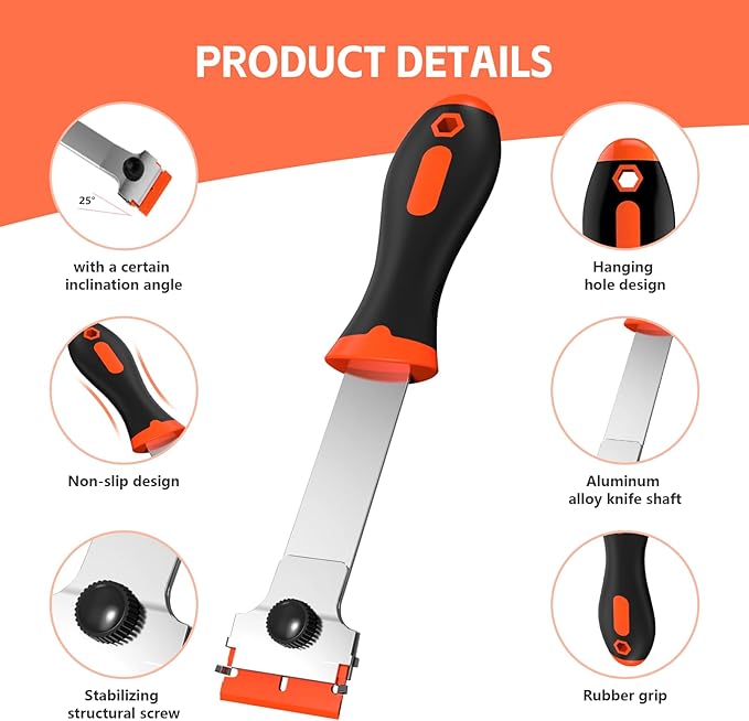 Ywmoml 3 Pack Razor Blade Scraper Set, Includes 30 Plastic & 30 Metal Blades, Multi-Purpose Tool for Glass, Cooktop, Sticker Removal, Paint & Gum Cleaning (Orange)