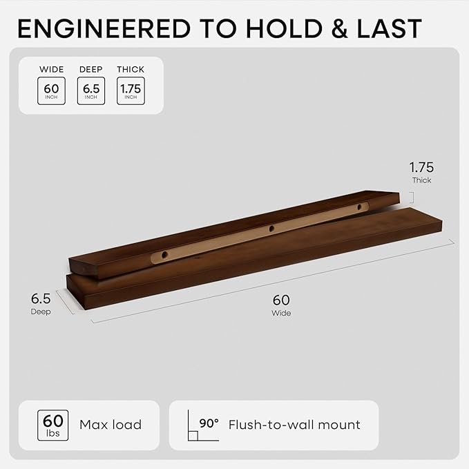 Homeforia Walnut 60 inch Floating Shelf, High-End Solid Real Wood 60-inch Long Floating Shelf for Wall, Dark Brown Wooden 60-inch Large Floating Shelves, Heavy Duty Bracket, 60 X 6.5 X 1.75 inch, Set of 2