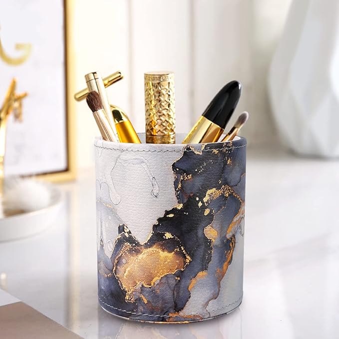 WAVEYU Marble Pen Holder for Desk, Pencil Organizer Office Decor, Makeup Brush Holder Large Pu Leather Multi-Functional Organizer Cup for Office, Classroom, Home, Gold Marble