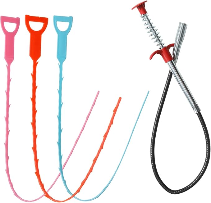 3Pcs Drain Clog Remover (Orange/Blue/Pink) and 1Pcs Four Claws Hair Catcher Drain Snake Cleaner Tool, Effective Hair Clog Remover for Toilet/Kitchen Sink/Bathroom Tub