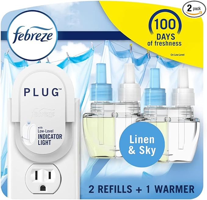 Febreze Plug In Air Freshener, Odor-Fighting Scented Oil Starter Kit, Air Fresheners for Home and Bathroom and Kitchen, Long Lasting for Strong Odors, Linen & Sky Scent, Warmer + 2 Refill