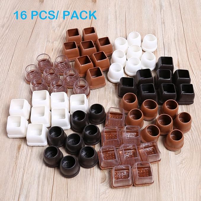 16 Pack Chair Leg Floor Protectors for Hardwood Floors, Round Rubber Furniture Sliders, 360°Felt Pad Bottom Wrapped Thickening Silicone Furniture Legs Caps Covers(Square,Clear-Brown-M)