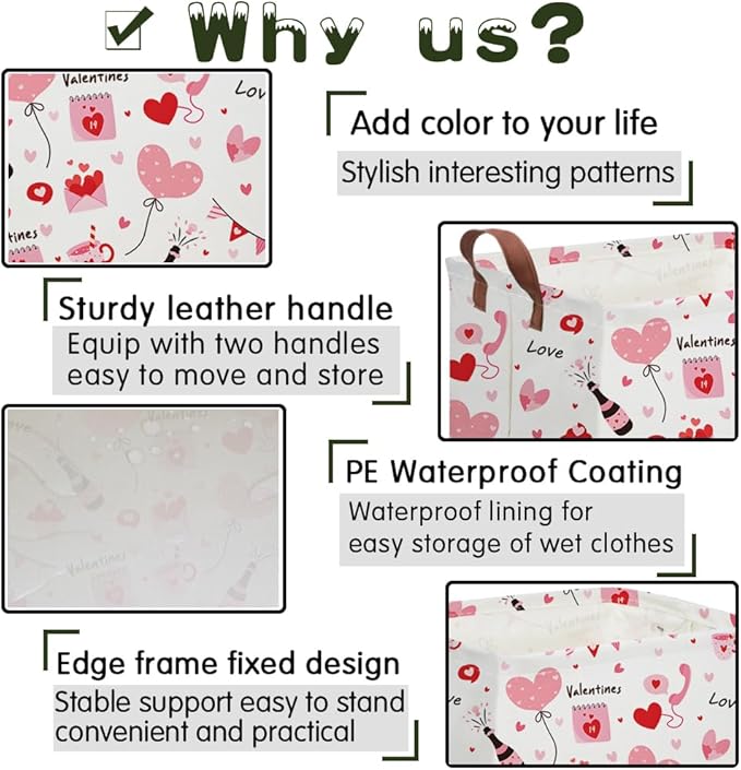 Rectangular Pink Valentine's Day Gift Basket,nursery basket,Pink girls gift baskets,kids toy storage Bin, Love Heart Room Decor for Home,Shelf Baskets(Balloon Love)