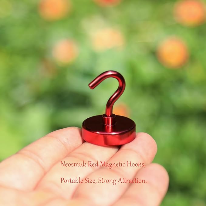 Neosmuk Magnetic Hooks, Heavy-Duty Earth Magnets with Hook for Refrigerator, Extra Strong Cruise Hook for Hanging, Magnetic Hanger for Curtain, Grill (Red, 6 Pack)