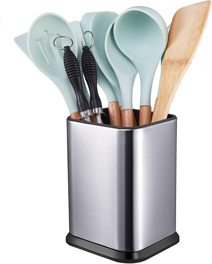 RedCall Stainless Steel Kitchen Utensil Holder for Countertop, Spoon Spatula Organizer, Modern Rectangular Large Cooking Utensil Caddy Counter, Utensil Crock Silver
