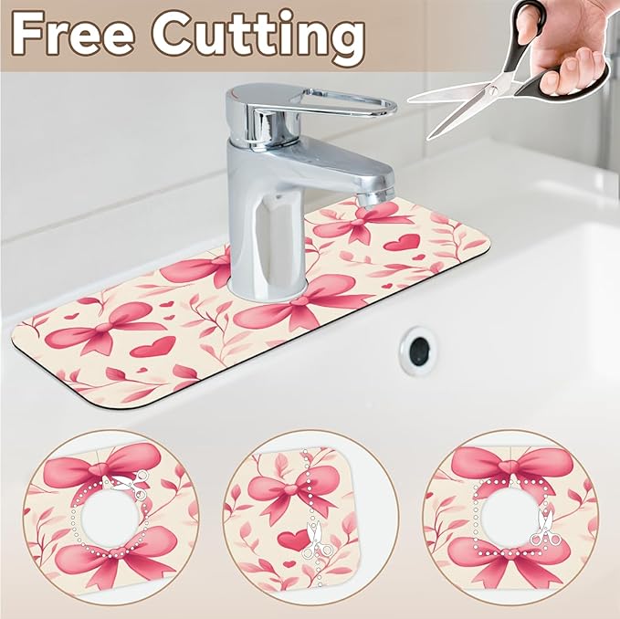 1 PC 15.4*5.7 Inch Absorbent Faucet Mat for Kitchen Sink Splash Guard Fast Drying Kitchen Faucet Mat for Bathroom Kitchen Bow Tie