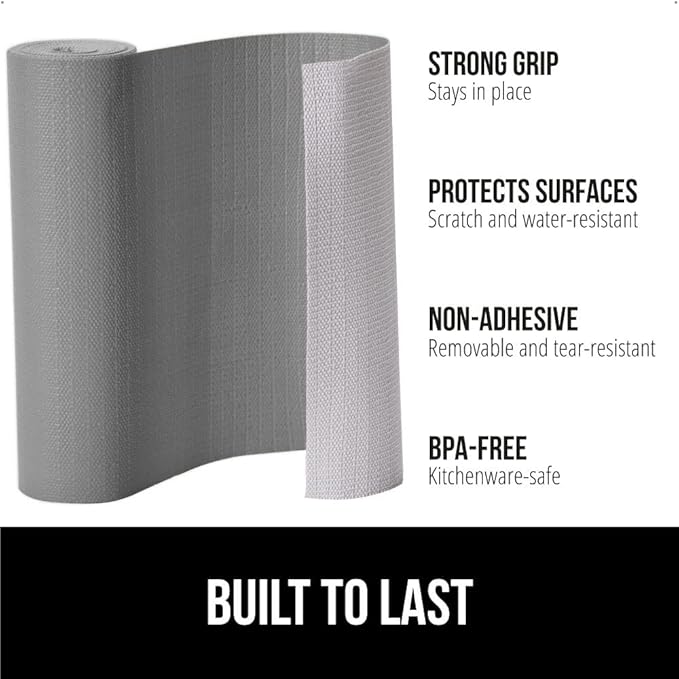 GORILLA GRIP DripGuard Shelf Liner, Non-Adhesive Drawer and Kitchen Cabinet Protector, Strong Grip Slip Resistant Underside, Smooth Surface Liners for Cabinets, Bathrooms, Closets, 12x120 Inch, Gray