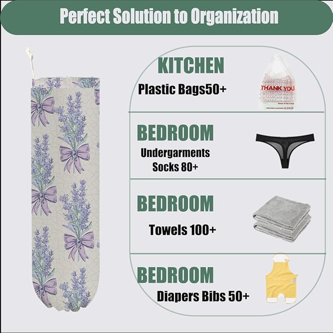 2 Pcs Bow Tie Plastic Bag Holder, Lavender Wall Mount Grocery Bag Holder for Plastic Bags, Washable Reusable Grocery Bags Storage Dispenser for Home Kitchen Pantry Decor, Flowers Gifts for Women Mom
