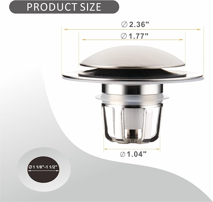 2 Pack Brushed Nickel Bathroom Sink Stopper Pop Up, Wellup 2-in-1 Bathroom Sink Drain Stopper for 1 1/8"-1 1/2" Sink Drain Hole, Universal Sink Stopper Strainer with Hair Catcher