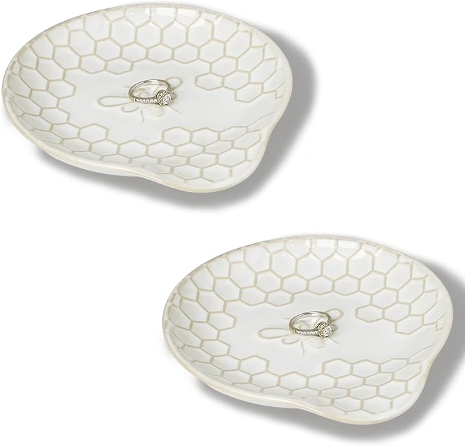 GDCZ Ceramic Jewelry Tray, 5.3" Decorative Dish, Personalized Jewelry Trays with Pattern, Gifts for Friends, Sisters and Women, Set of 2 (White)