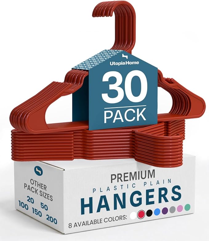 Utopia Home - Plastic Hangers 30 Pack - Space Saving Clothes Hanger - Durable and Strong Closet Organizers and Storage Makes It Ideal Stocking Stuffers or Apartment or Dorm Room Essentials (Red)