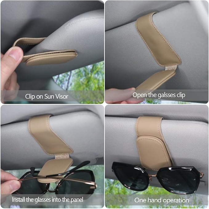 Magnetic Leather Sunglass Holder for Car, Sunglasses Clip for Car Visor, Auto Interior Accessories Universal for Different Size Eyeglasses (Beige)