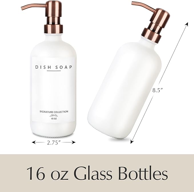 Emerson Essentials Thick Glass Soap Bottle Dispensers, 2 Pack, Non Rust Stainless Steel Pumps Hand Set for Bathroom Kitchen Sink, Shampoo Lotion Liquid Jars, 16 Oz, with 4 Waterproof Labels – White