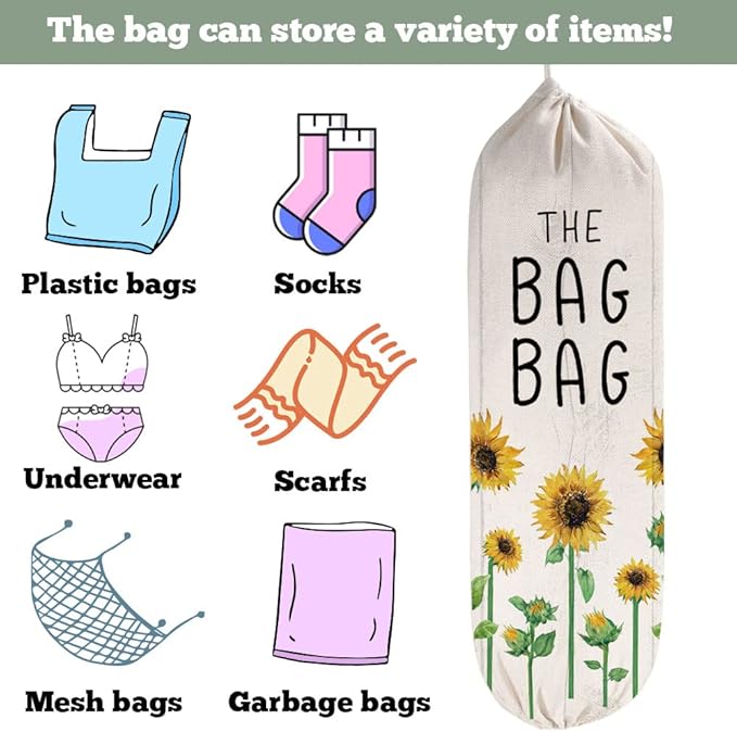 2Pcs Sunflower Plastic Bag Holder for Kitchen Essentials, Reusable Hanging Grocery Bag Organizer, Sunflower Gifts for Women, Washable Large Grocery Trash Bags Storage Dispenser