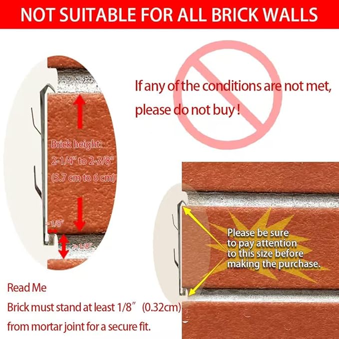 Brick Clips - 8 Pcs Heavy Metal Wall Hangers for 2-1/4 to 2-3/8 Inch Bricks, Ideal for Outdoors & Home Decor