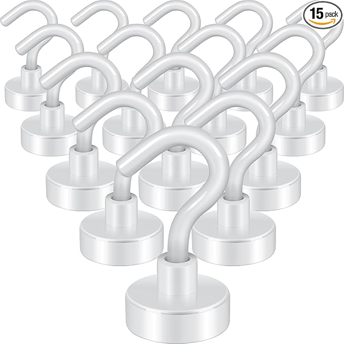 Neosmuk Magnetic Hooks, Heavy Duty 30lb+ Strong Magnet Hook for Cruise Cabins, Cruise Ship Essentials for Hanging, Metal Wall Refrigerator Hangers (White, 15 Pack)