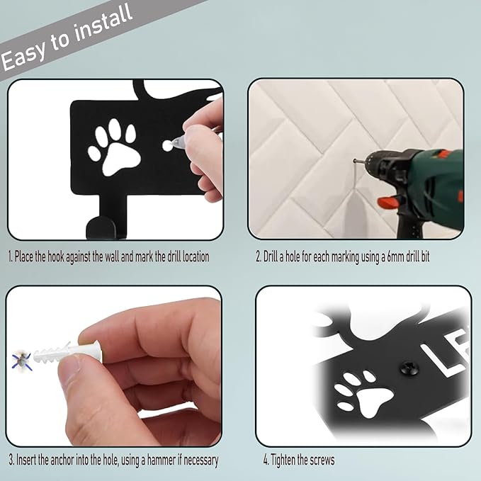 5-Hooks Dog Leash Holder for Wall， Dog Accessory Holder ，Metal Key Holder Leash Hooks