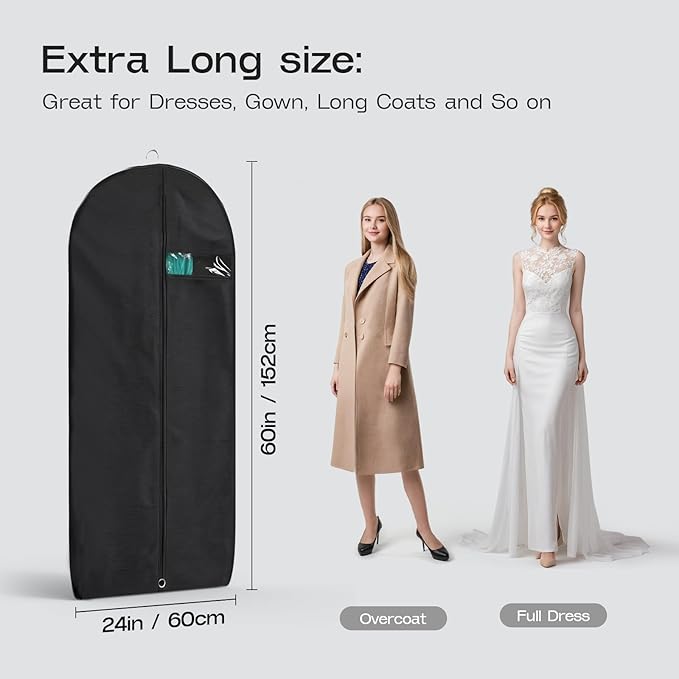 3 Pack Heavy Duty Garment Bags for Travel Suit Bags, Dress Bags, Garment Bags for Hanging Clothes with Pockets Men's Suit Holder for Shirts, Coats, Dresses (Black, 3Pack 60")