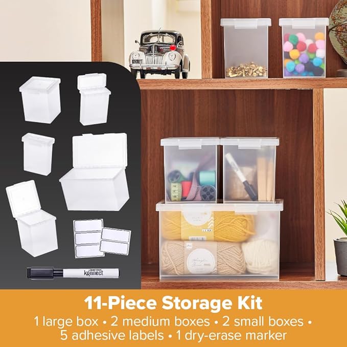 Bostitch Konnect Storage Containers with Lids, Organizer, Clear Plastic Box, Stackable Nesting Bins, 5-Piece Bundle, 1 Large, 2 Medium, 2 Small