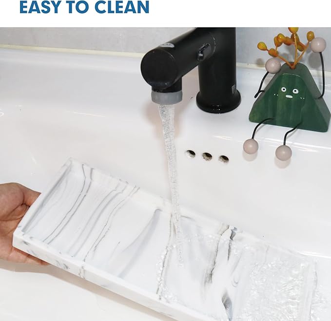 Bloss Small Bathroom Vanity Tray with Soap Dish, 8 x 4 inch Silicone Marble Tray for Kitchen Counter, Toilet Tank Storage, Perfume Trays for Dresser, Jewelry, Candle, Key