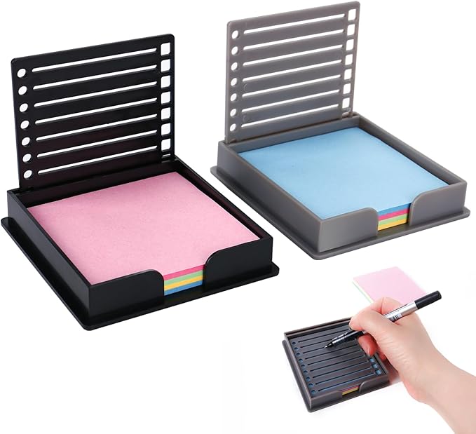 2 PCS Sticky Note Holder Compatible, with Sticky Note, 3x3 Sticky Pads Dispenser with Stencil, Memo Pad Organizer with Line Box Drawing Template for Office and Home