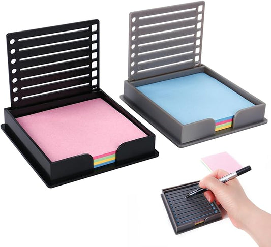 2 PCS Sticky Note Holder Compatible, with Sticky Note, 3x3 Sticky Pads Dispenser with Stencil, Memo Pad Organizer with Line Box Drawing Template for Office and Home