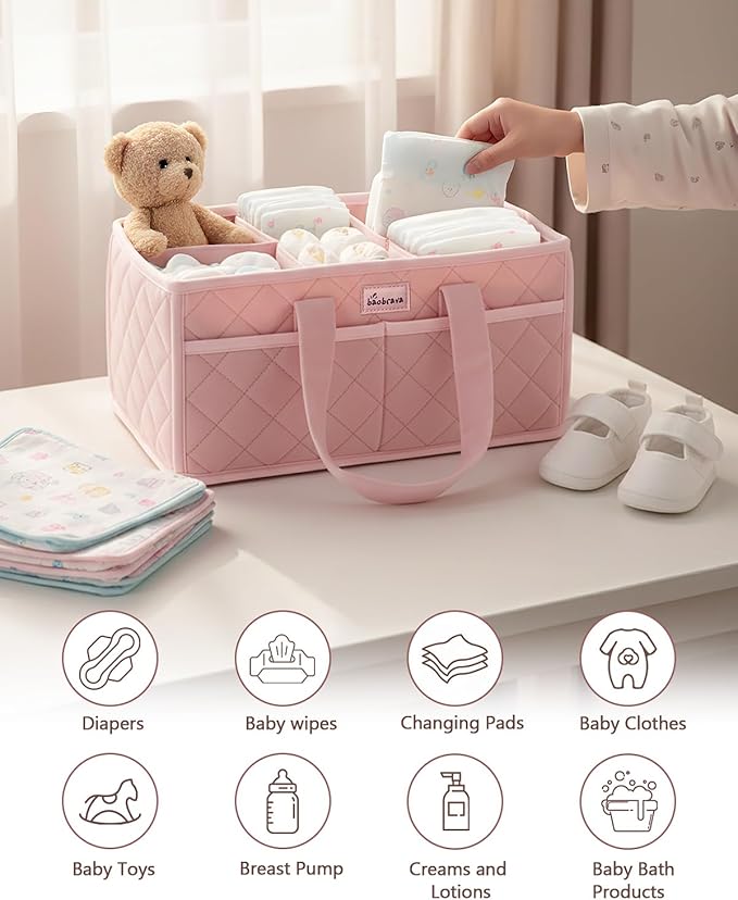 Diaper Caddy Organizer For Changing Table,Dutch Velvet Baby Diaper Caddy With 3 Removable Compartments &4 Side Pockets,Portable Diaper Basket For Car Organizer,Nursery Organizer For Essential Supplies