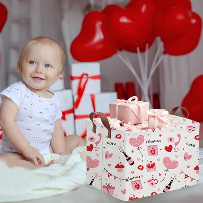Rectangular Pink Valentine's Day Gift Basket,nursery basket,Pink girls gift baskets,kids toy storage Bin, Love Heart Room Decor for Home,Shelf Baskets(Balloon Love)