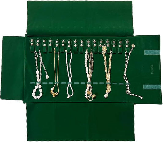 UnionPlus Velvet Travel Jewelry Roll Bag Organizer for Necklace, Elastic Band and Anti-winding, Blackish Green