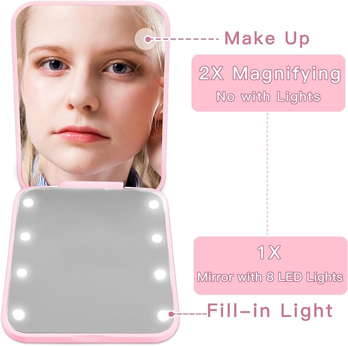 Personalized LED Pocket Mirror Pearl Letter 1X/2X Magnification Small Travel Makeup Mirror with Lights Pink Compact Mirror Portable Mirror Gifts Travel Essentials for Women Teen Girl (O)