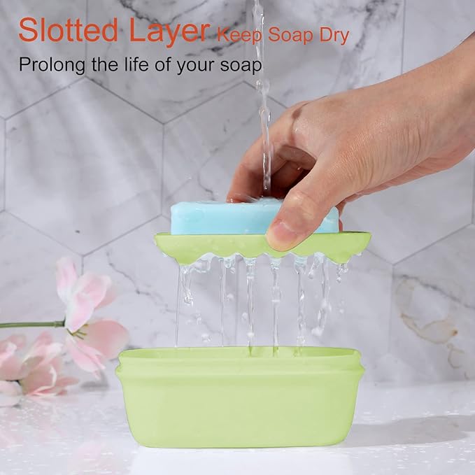 Quatish Leakproof Soap Dish with Lid & Draining Layer, Shatterproof Travel Bar Soap Holder Case Container, Portable Travel Size Toiletries Essentials for Camping, Gym, Bathroom, Green